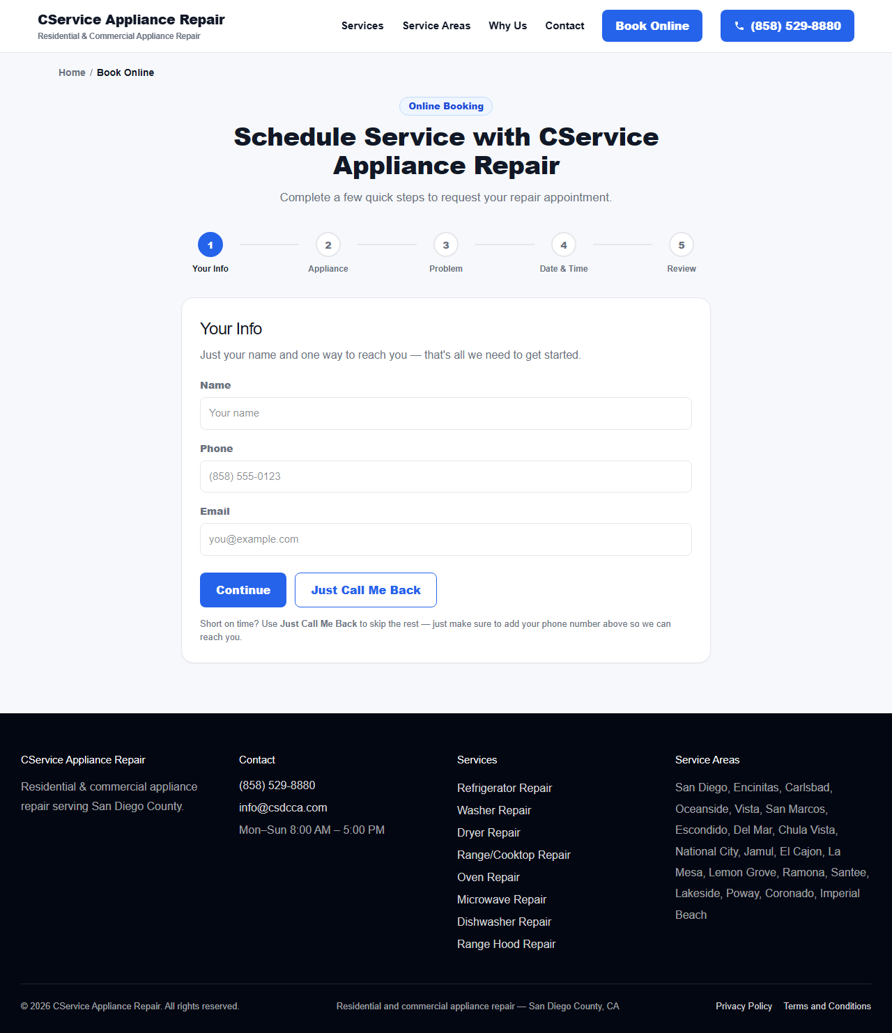 Book Online — Your Info step