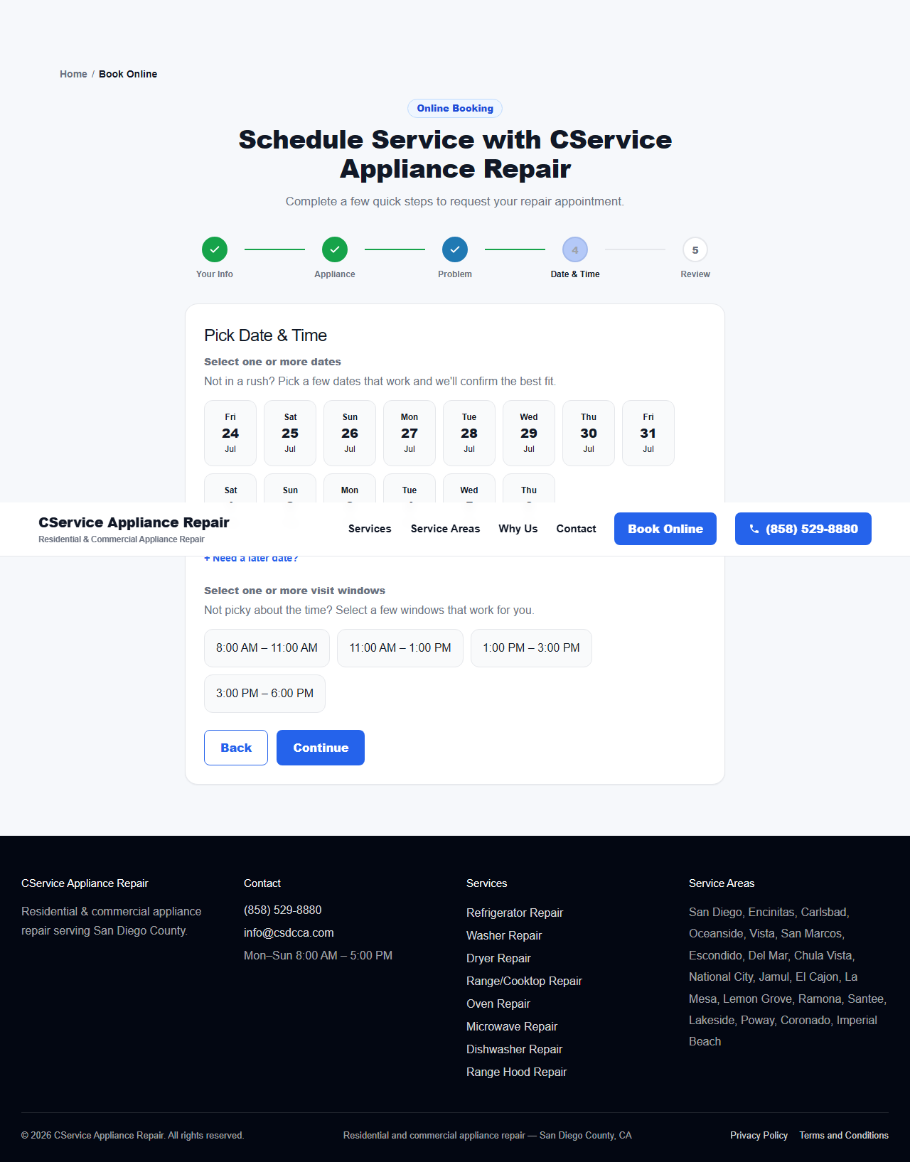 Book Online — picking date and time